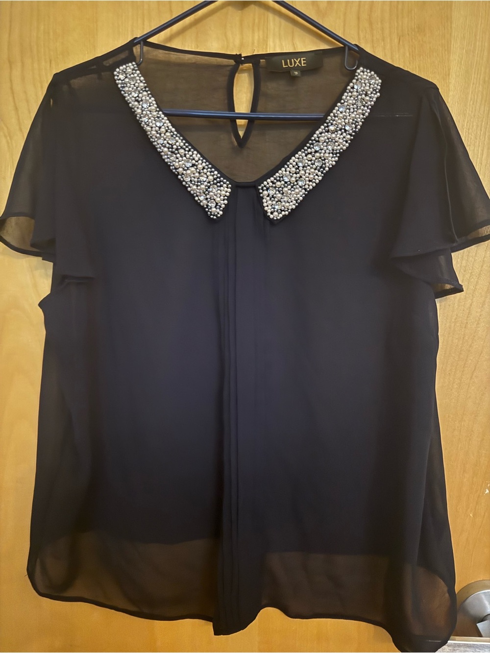 Luxe Black Sheer Blouse with Pearl-Beaded Collar